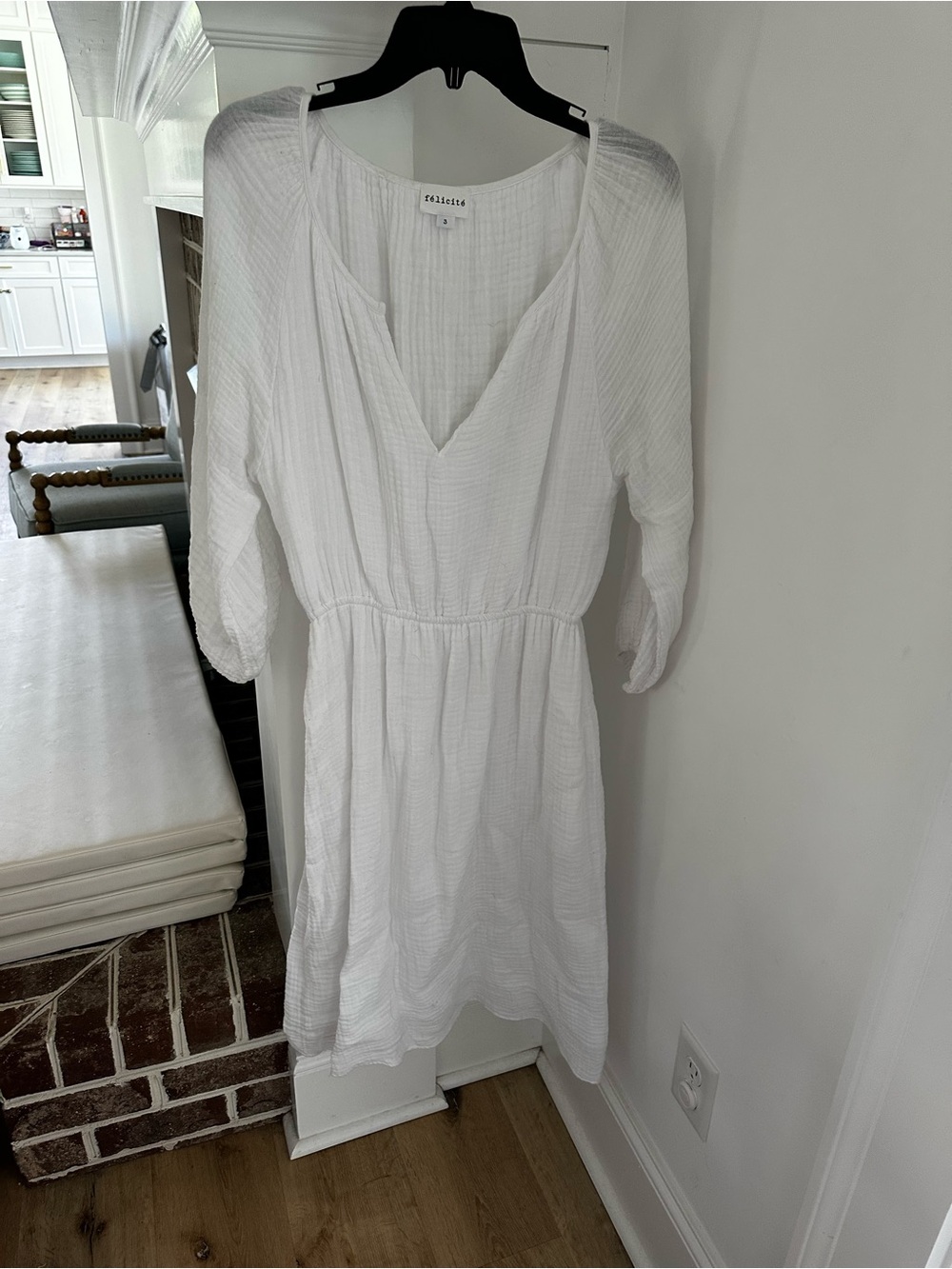 White Textured Long-Sleeve V-Neck Dress